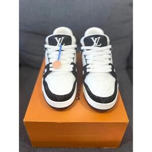 LV TRAINER MONOGRAM WHITE BLACK DENIM US 9